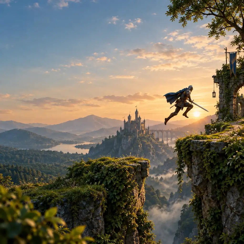 Cena editorial de plataforma de fantasia com cavaleiro genérico em exploração
