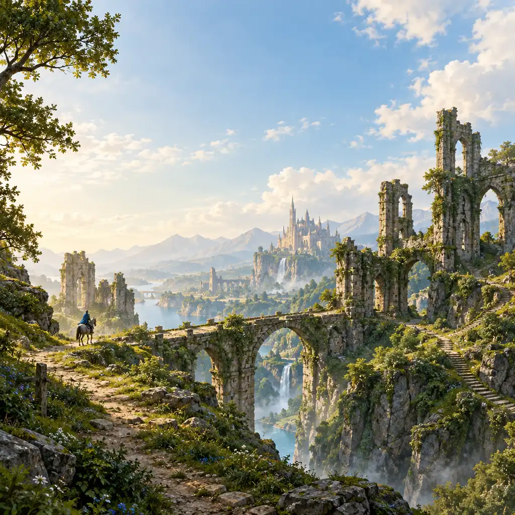 Paisagem editorial de exploração em ruínas e plataformas de fantasia