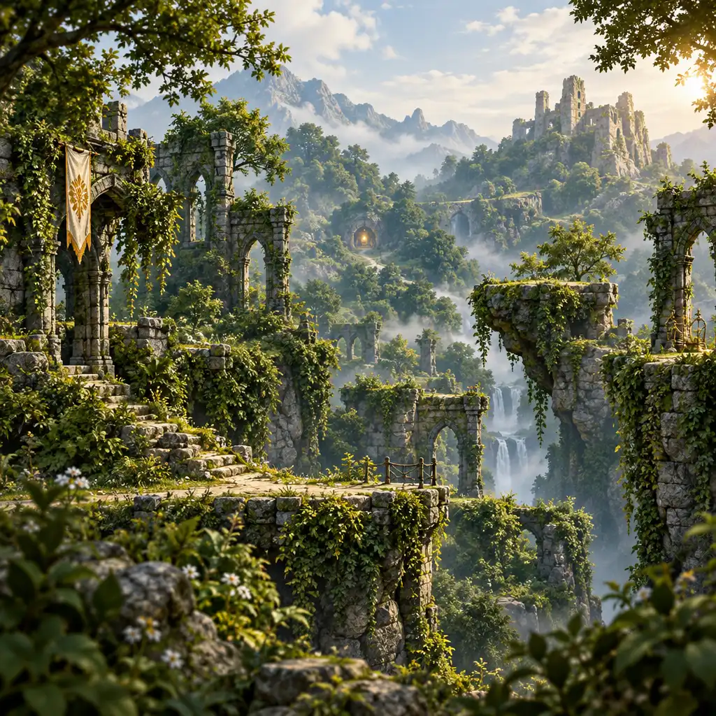 Ruínas com caminhos em alturas diferentes e vegetação sugerindo exploração