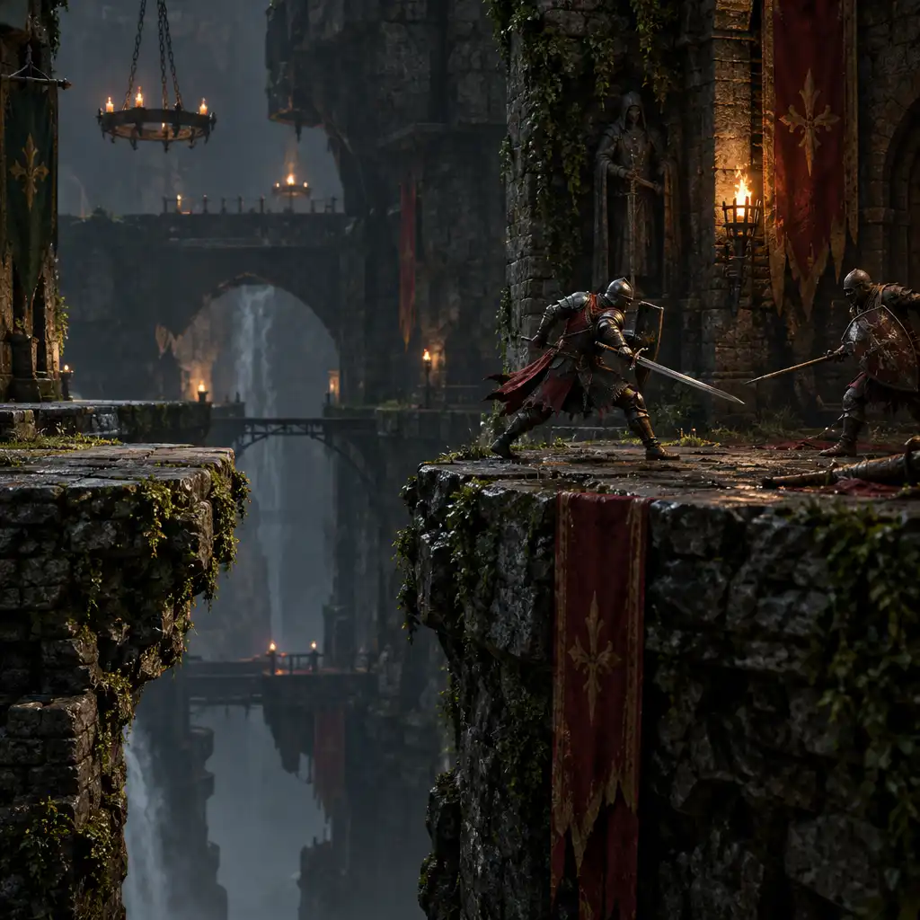 Cena ilustrativa de cavaleiro usando espada perto de uma transição entre plataformas de pedra