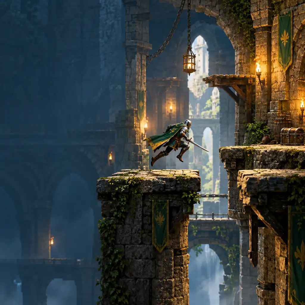 Cena ilustrativa de plataforma medieval com cavaleiro avançando por plataformas de pedra