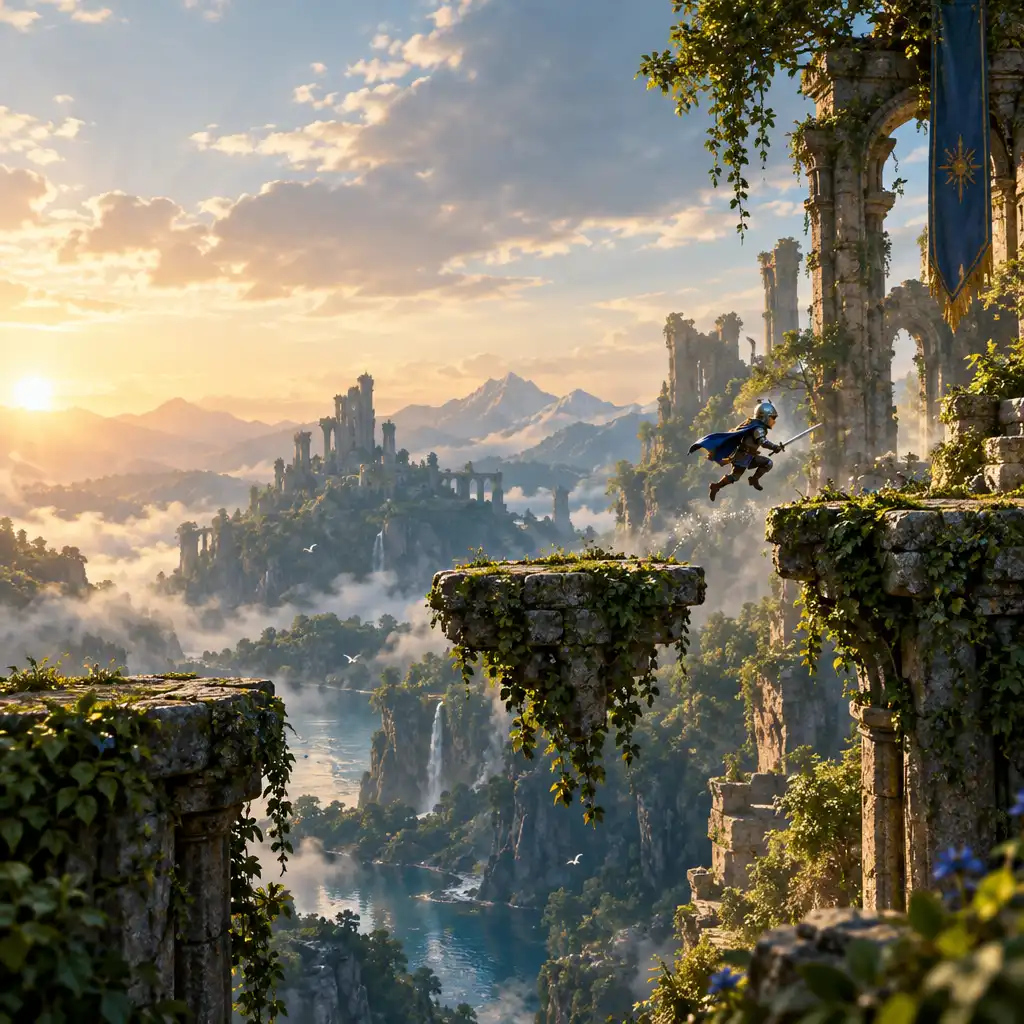 Ilustração de um aventureiro em plataformas de pedra em uma ruína de fantasia.