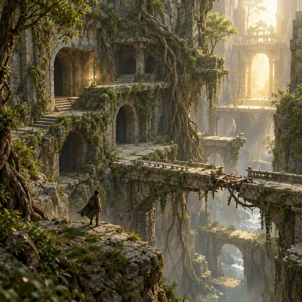 Ilustração de um explorador observando passagens em diferentes níveis de uma ruína de pedra.