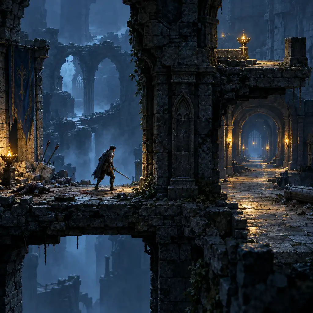 Cena editorial de aventureiro em ruínas diante de uma plataforma elevada, corredor principal e estrutura que encobre o fundo.